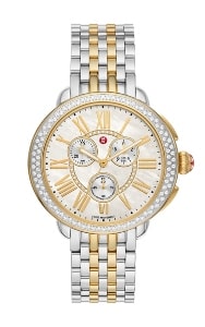 a mixed metal Michele women’s watch with a variety of complications.