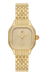 a yellow gold watch with a diamond-encrusted dial.