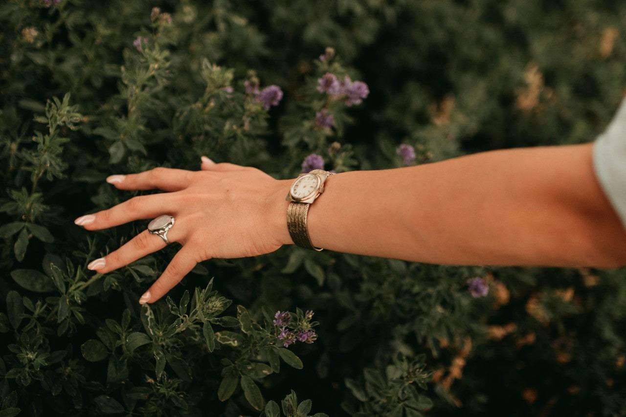 a lady’s hand wearing a watch and a fashion ring brushing against some flowers