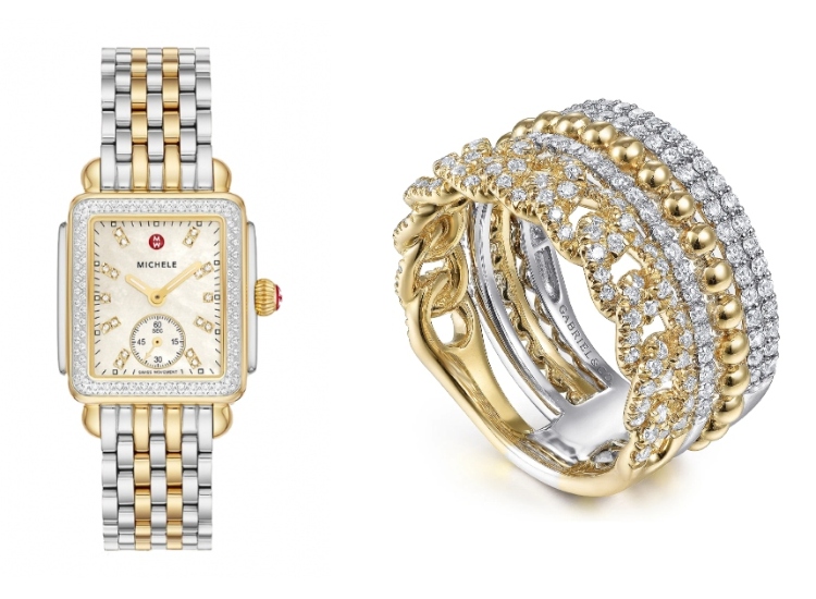 Michele Deco Mid Two-Tone watch pairs exceptionally well with this Gabriel & Co. two-tone gold and silver ring