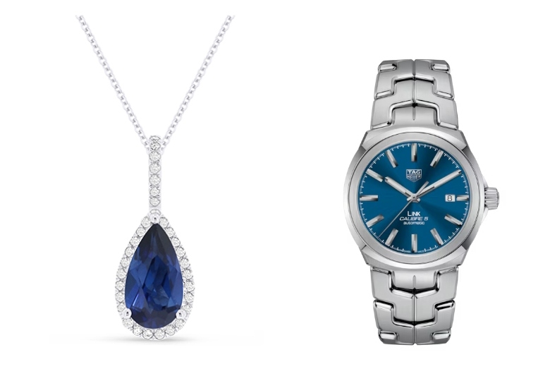 TAG Heuer watch from the Link collection with its deep blue dial and this elegant Madison L necklace featuring a captivating blue sapphire pendant