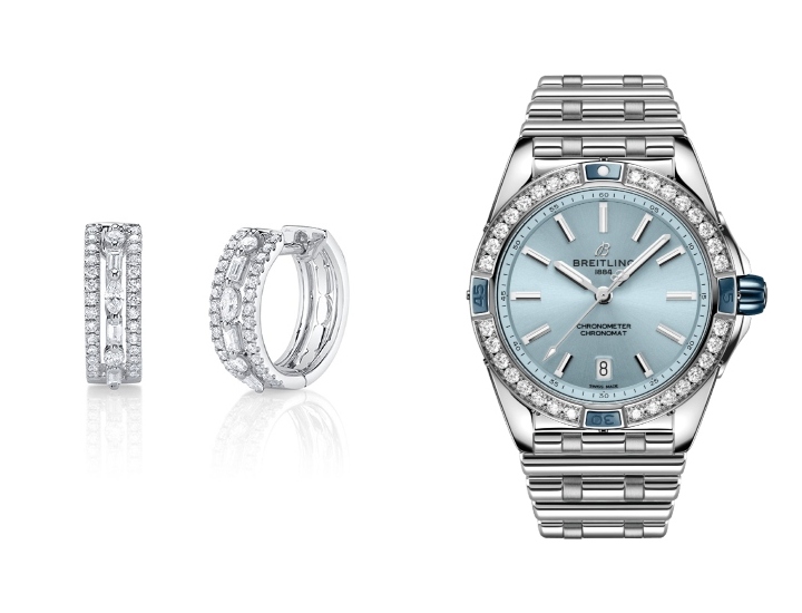 Breitling Super Chronomat Automatic 38 watch with its diamond-studded bezel, and these Shy Creation triple-row diamond huggies earrings.